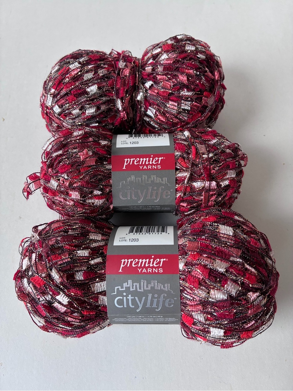 3 Skeins Red And Silver Ladder Glitter Yarn Premier City Life CL-11 Red Hot